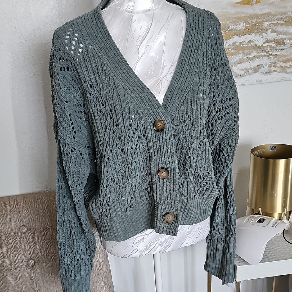 Women's Green Knit Cardigan Sweater